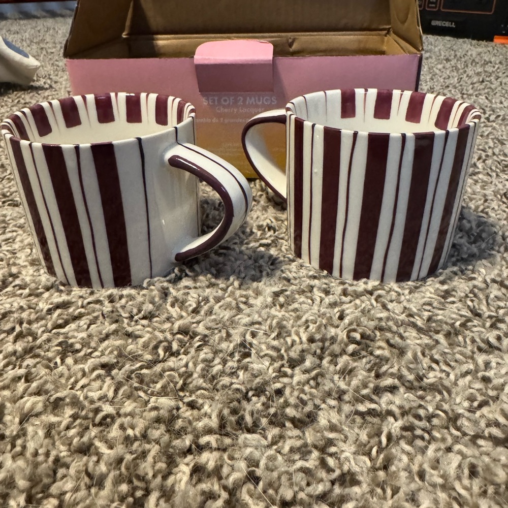 Striped Noon and Moon Ceramic Mug Set - Cherry and White
